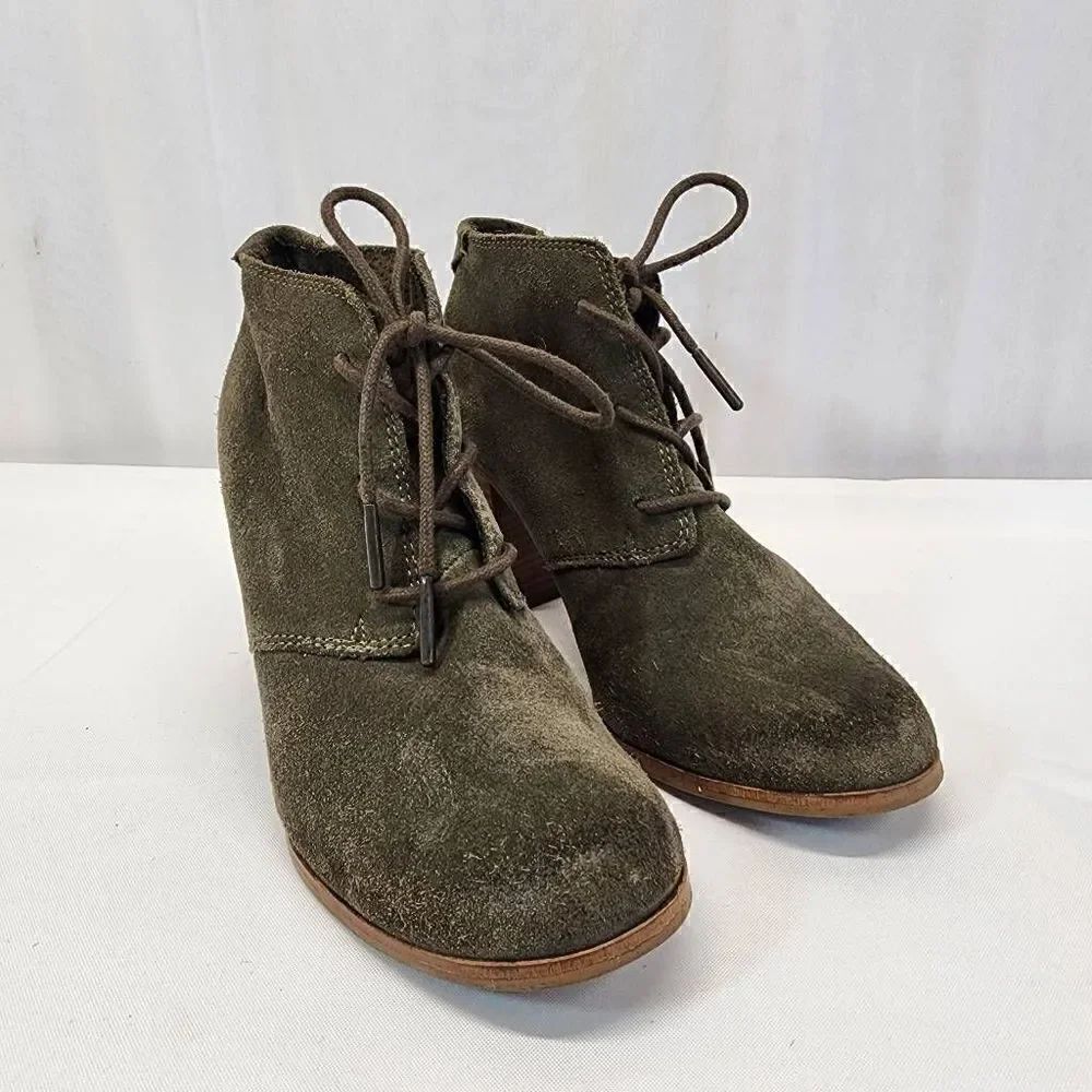 Toms LUNATA Women's Lace Up Booties Suede Olive Green Size 6.5